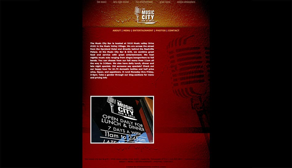 Website for Nashville Restaurant Music City Bar and Grill